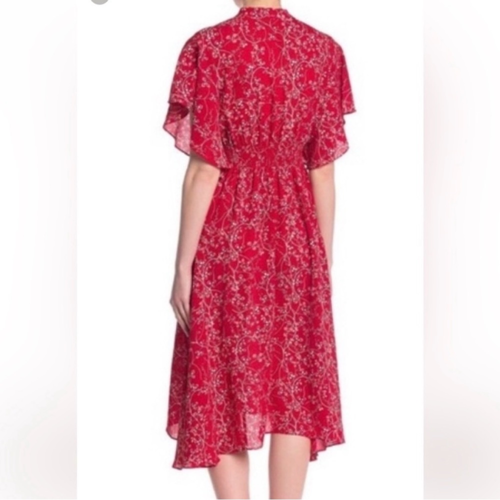 Max Studio Red Short Flutter Sleeve Sleeve Midi Dress With Tie Neck - Picture 2 of 6